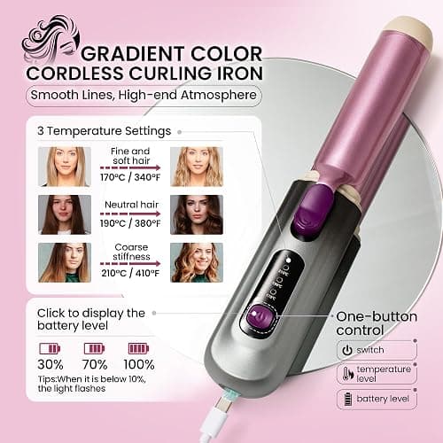 Cordless Curling Iron, Smofrees 8000mAh USB Rechargeable Travel Curling Wand with Protective Cover, 32MM Portable Curling Iron with 100 Million Negative Ion, 3 Temperature Settings, Gradient Gray thumbnail 2