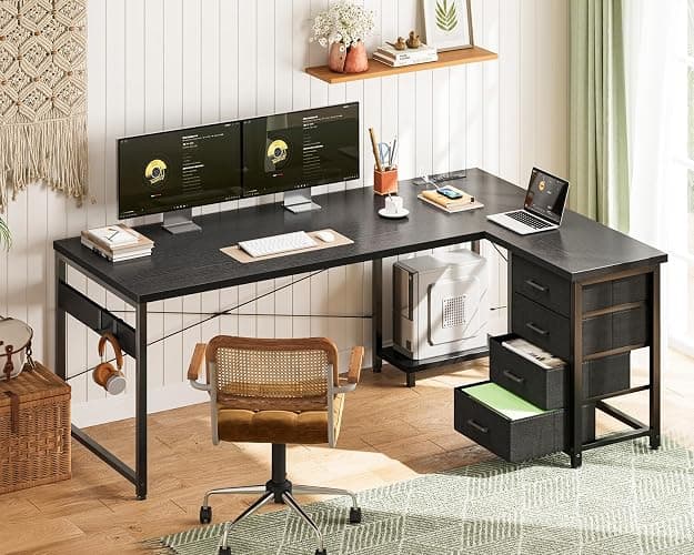 AODK L Shaped Gaming Desk with 4 Drawers, 61" Reversible Home Office Desks with Power Outlets, L Shaped Computer Desk with USB Charging Port and Host Stand, Corner Desk, Easy to Assemble, Black thumbnail 8