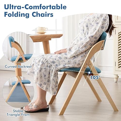 YUUIJOAA 4-Pack Folding Chairs with Cushion, Linen Padded Foldable Dining Chairs, Portable Raw Wooden Folding Chairs for Dining Rooms Parties Offices Indoor Outdoor Blue thumbnail 8