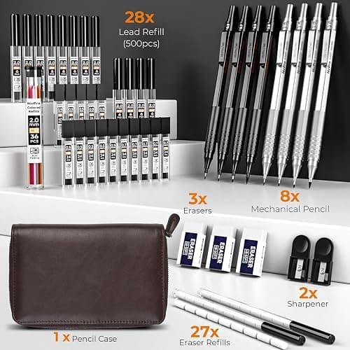 Nicpro 45PCS Black & Silver Metal Mechanical Pencil Set in Leather Case, Art Drafting Pencil 0.5, 0.7, 0.9 mm, 2mm Lead Holders for Sketching Drawing With 27 Tube (6B 4B 2B HB 2H 4H Colors)Lead Refill thumbnail 4