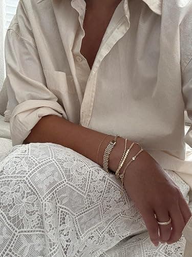 PAVOI 18K Gold Plated Chain Bracelet Pack for Women | Jewelry Set of 5 Stackable Bracelets Paperclip Snake Rope Figaro Beaded Chains thumbnail 4