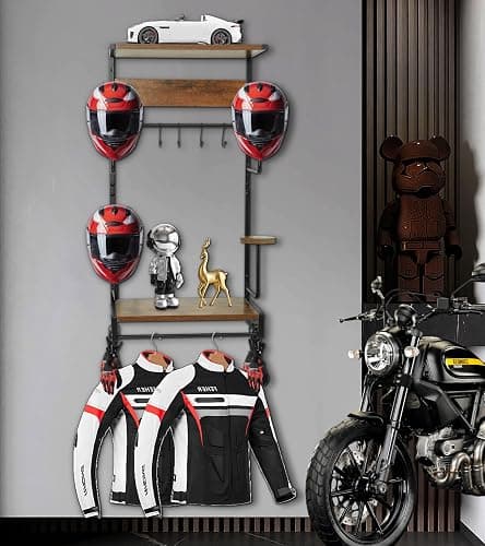 NANXITU Motorcycle Helmet Rack Wall Mount, Retro Rust Helmet Holder with Wood Floating Shelf and Hooks for Storage thumbnail 7