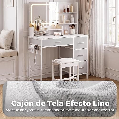 HOMCOM Tocador de Maquillaje con Espejo LED con Estación de Carga Blanco | Tocador, 3 Colores de Luz, 4 Cajones, 5 Estantes Abiertos, Soporte para Secador, Estructura Metálica, para Dormitorio thumbnail 7