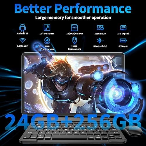 Android 15 Tablet 10 inch, 2025 Tablet with Keyboard, 24GB+256GB+2TB Expand, 2-in-1 Tablets with 8-Core, 5G WiFi, 8000mAh, BT5.0, GMS Certified, with Mouse, Case, Stylus, Split Screen(Black case) thumbnail 3