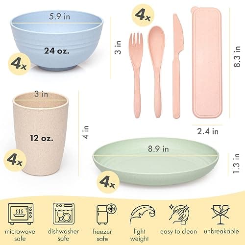 FOODLE Wheat Straw Dinnerware Set - BPA Free & Safety Tested - Dishwasher & Microwave Safe - Toddler & Kids Plates and Bowls Sets - Plastic Plates Reusable - Perfect for RV, Camping Dishes - For 4 thumbnail 3
