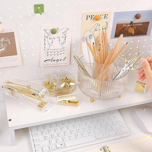 SKYDUE Gold Office Supplies Set, Pencil Holder for Desk,Gel Pen, Stapler, Tape Dispenser, Scissors,Clips and 1000pcs Staples, Office Decor for Women, Gold Desk Accessories thumbnail 2