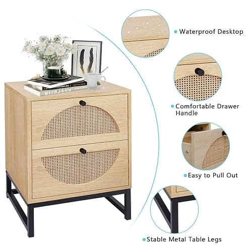 AWQM Rattan Nightstand Set of 2,Farmhouse End Table Set of 2,Wood Sofa Side Table,Accent Table with Storage, Bedside Table Accent Storage Cabinet for Bedroom Living Room,Metal Legs,Beige (W68837255) thumbnail 5