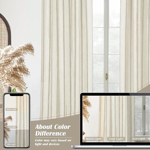 DriftAway Farmhouse Linen Blend Blackout Curtains 84 Inches Long for Bedroom Vertical Striped Printed Linen Curtains Thermal Insulated Lined Treatments for Living Room 2 Panels W52 x L84 Camel Beige - Camel Beige - 52"W x 84"L (Pack of 2) thumbnail 8