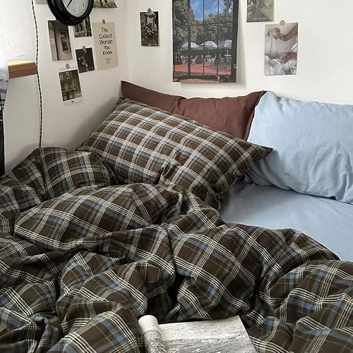 MKXI Buffalo Plaid Duvet Cover Twin XL - 3 Piece Washed Cotton Bedding Set, Blue Brown Green Vintage Aesthetic, Soft Breathable with Zipper Closure thumbnail 5