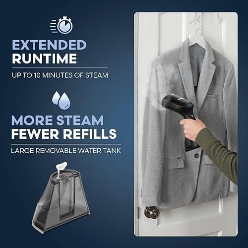 Conair Handheld Garment Steamer for Clothes, Compact Fabric Steamer for Home or Travel, Quick 30-Second Heat-Up, 10-Minute Continuous Steam, Includes Bristle Brush & Delicates Bonnet, Black, GS81 thumbnail 5