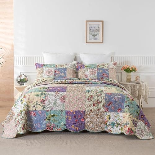 YAYIDAY Quilts Queen Size Patchwork Bedspread Set | 100% Cotton Reversible Breathable Floral Quilted Quilt with Pillow Shams Fit All Season - Image 1