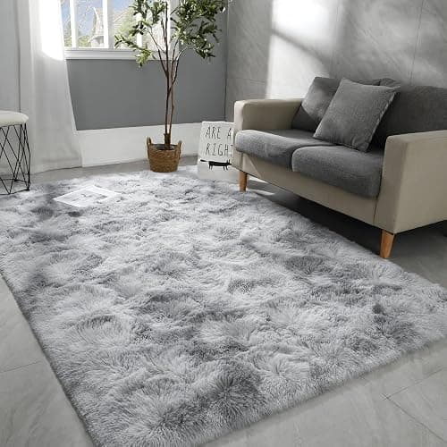 Hutha 4x6 Large Area Rugs for Living Room, Super Soft Fluffy Modern Bedroom Rug, Tie-Dyed Light Grey Indoor Shag Fuzzy Carpets for Girls Kids Nursery Room Home Decor - Image 1