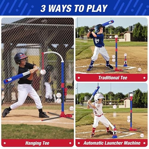 HYES 3-in-1 Baseball Set for Kids 3-5 - Tee Ball Stand, Hanging Tee, Ball Launcher and 6 Softballs - Adjustable Height, Indoor/Outdoor Sport Gifts for Boys Girls, Blue thumbnail 3