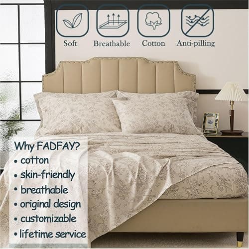 FADFAY Luxury 100% Cotton Percale King Sheet Set – 4-Piece Vintage Botanical Floral Bedding, Hotel-Quality Crisp & Breathable Sheets, Deep Pocket Fitted Sheet, Elegant French Country Cottage Style thumbnail 2