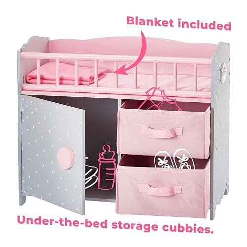 Olivia's Little World Wooden Baby Doll Crib with a Cabinet and Two Cubbies for Doll Accessory Storage Underneath, Pink and Gray and White Polka Dots thumbnail 5