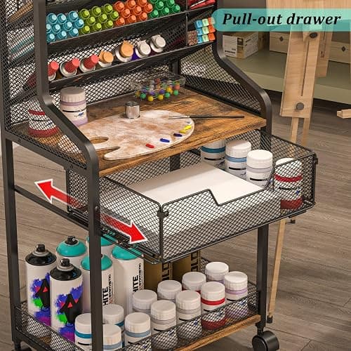 Small Rolling Utility Cart with Drawer, Metal Craft Storage Cart with Lockable Wheel, Versatile Art Organizer with 6 Tiers & Removable Dividers for Drawing Room, Store Paint & Artifact, Patent Pending thumbnail 4