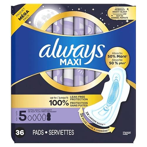 Always Maxi Pads for Women, Extra Heavy Overnight Pad with Wings, Size 5, Unscented, 36 Count thumbnail 2
