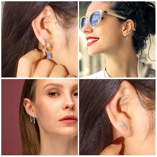BOUTIQUELOVIN 14K Gold Stud Earrings Set for Women, for Multiple Piercing 925 Silver Plated Studs Earrings and Zirconia Earring Set Small Huggie Hoop Chain Earing thumbnail 7