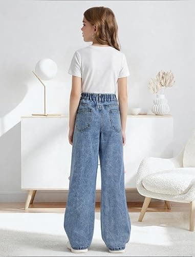 Peakpride Baggy Jeans for Girls Wide Leg High Elastic Waisted Cute Bow Denim Y2k Pant Trendy Boyfriend Skater Streetwear thumbnail 3