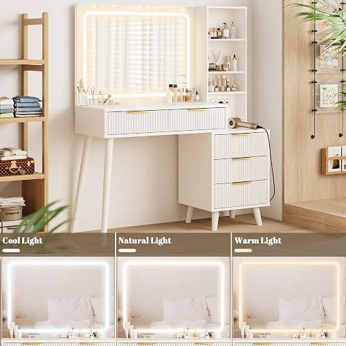 Vanity Desk with Mirror and Lights, Makeup Vanity Desk with Power Outlet, Makeup Desk with 5 Drawers&Storage Shelves, Vanity Table 3 Color Modes Adjustable Brightness Dressing Table Set for Bedroom thumbnail 4