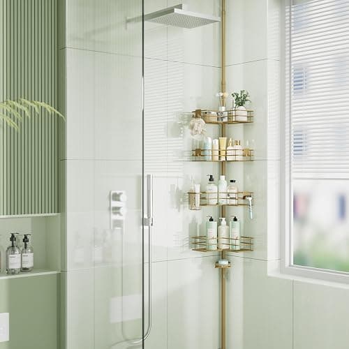 HapiRm Corner Shower Caddy Organizer - Shower Organizer Corner with Soap Holder, Toothbrush Holder and 4 Hooks, Rustproof Bathroom Shelf Tension Pole Available for 27.6 to 108.3 Inch - Gold thumbnail 8