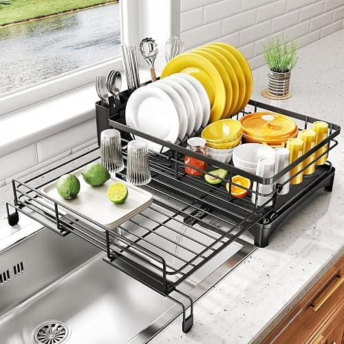 Dish Drying Rack - Extendable Dish Rack, Large Sink Drying Dish Drainer for Kitchen Counter, Stainless Steel Dish Strainer with Utensil Holder (Black) - Black - Image 1