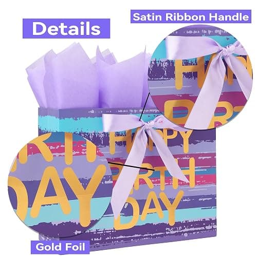 13" Large Purple-blue Multicolor Watercolor Gift Bag Set with Greeting Card and Lavender Tissue Papers (Gold Foil ‘Happy Birthday’) for Women's or Men's Birthday Party, Girls', Boys' or Kids' Party, thumbnail 4