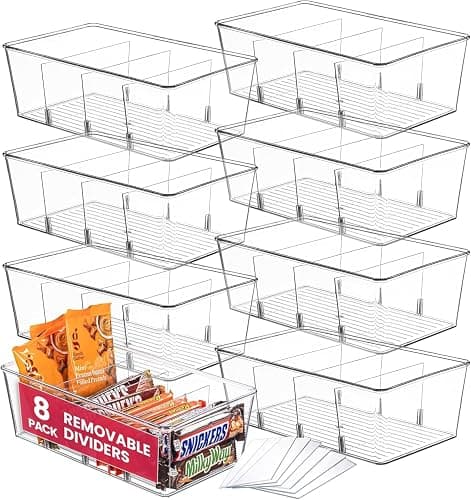 Oizeir Clear Pantry Organizer Bins 8-Pack - Fridge Organizer with 3 Removable Dividers, Ideal for Kitchen, Pantry, Refrigerator, Freezer, and Snack Storage - Image 1