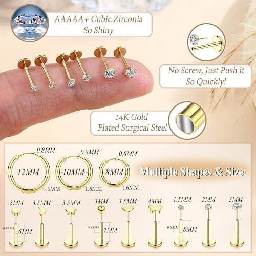 LOYALLOOK Threadless Flat Back Earrings 316L Surgical Steel Cartilage Earrings for Women Men Hypoallergenic Small Hoop CZ Push in Flatback Stud Earrings 20G 18G Flat Back Nose Stud Tragus Helix Conch Piercing Jewelry thumbnail 2