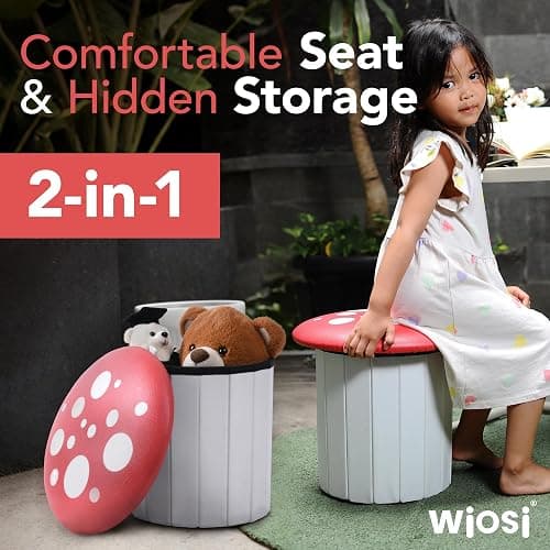 Wiosi Cute Mushroom Ottoman Stool for Boys & Girls - Multipurpose Storage Ottoman for Toys & Clothes - Small Ottoman Foot Stool for Bedroom - Mushroom Decor Chair - Round Storage Ottoman thumbnail 4