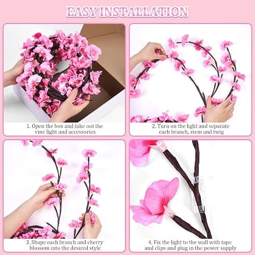 FIALAME 7.55 FT 144 LED Cherry Blossom Tree Branch Lights for Wall,8 Modes Artificial Pink Cherry Blossom Garland with Remote and Timer,Willow Vine Lights for Bedroom,Sakura Wall Decor thumbnail 8