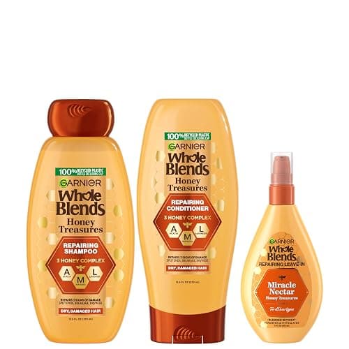 Garnier Whole Blends Honey Treasures Repairing Shampoo, Conditioner + Miracle Nectar Leave-In Set for Dry, Damaged Hair (3 Items), 1 Kit (Packaging May Vary) - Image 1