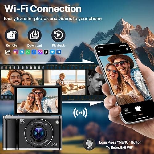 8K Digital Camera for Photography with WiFi 96MP Autofocus Vlogging Camera for YouTube Video 3.5'' 180°Flip Screen 20X Zoom Anti-Shake Compact Point and Shoot Cameras for Beginner Creator with SD Card thumbnail 4