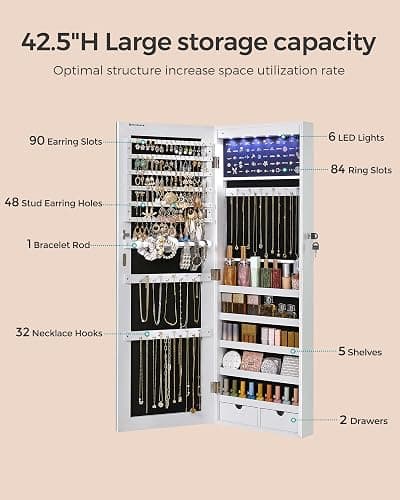 SONGMICS Hanging Jewelry Cabinet, Wall-Mounted Cabinet with LED Interior Lights, Door-Mounted Jewelry Organizer, Full-Length Mirror, Gift Idea, White UJJC99WT thumbnail 5