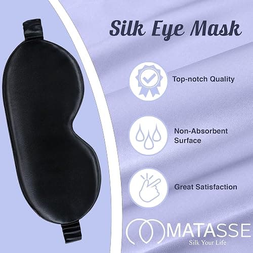 MATASSE Silk Eye Mask for Sleeping with Adjustable Elastic Band - 3D Contoured, Eye Cover Sleep Mask w/Genuine Mulberry Silk Including The Strap for Women, Men (Black) thumbnail 4