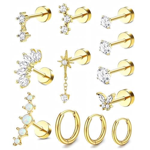 Incaton 20G Cartilage Piercing Jewelry Flat back Helix Earrings for Women Hypoallergenic Surgical Steel Gold Cartilage Hoop Earring Set Daith Tragus Conch Flat Back Stud Earrings - Image 1