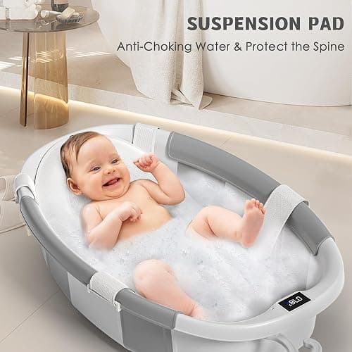 Himold Collapsible Baby Bathtub for Newborn to Toddler 0-36 Months, Spacious Foldable Infant Bath Tub with Thermometer, Cushion & Drain Hole, Portable Travel Tub Grey thumbnail 7