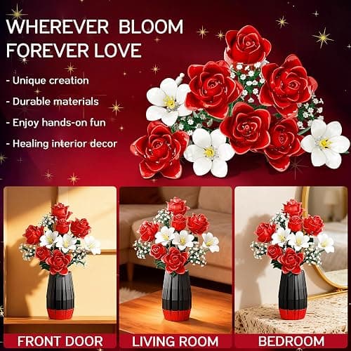 Roses Flower Bouquet Building Blocks Set with Vase, Women Men Teen Girls Gifts for Christmas, 1077PCS Botanical Collection Artificial Flowers Birthday Gifts for Her Him Wife Husband Mom Grandma Adults thumbnail 6