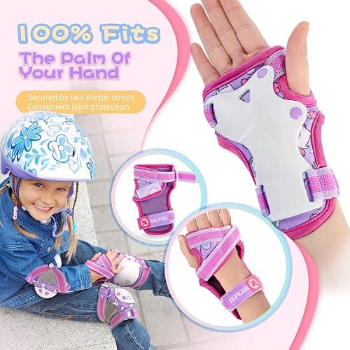 SULIFEEL Rainbow Unicorn Knee Pads for Kids Knee Elbow Pads Wrist Guards with Drawstring Bag Adjustable Protective Gear Set for Girls Roller Skating Bike Cycling Skateboard Scooter thumbnail 3