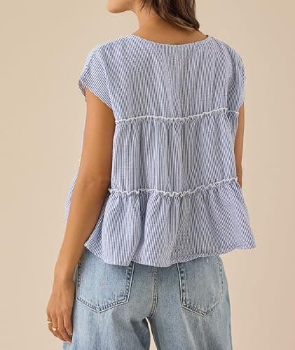 Foidiccx Womens Tiered Cute Boho Blouse Shirts Y2k Striped Ruched Flowy Ruffle Peplum Short Cap Sleeve Babydoll Crop Tops Tee thumbnail 5
