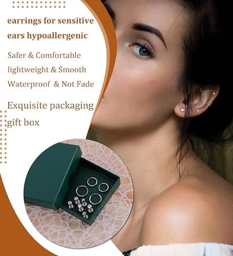 Staligue 5 Pairs Titanium Earrings - Dot Ball Cubic Zirconia 20 Gauge Pure Titanium Stud Hoop Earrings Set - Flat Back for Women thumbnail 7