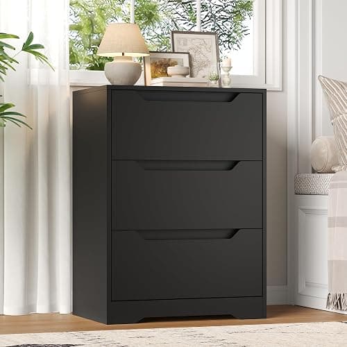 HOSTACK Modern 3 Drawers Dresser, Wood Chest of Drawers with Storage, Black | Small Dresser with Cut-Out Handles, Black Dresser, 3 Drawers Chest, Tall Storage Dresser for Living Room, Apartment, Renter thumbnail 2