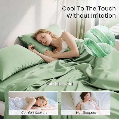 Love's cabin 4 Piece Full Size Sheet Set, 100% Rayon Derived from Bamboo, Cooling & Breathable, Soft Silky Deep Pocket up to 16", Hotel Luxury Bedding for Hot Sleepers, Sage Green thumbnail 3
