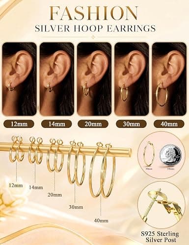 5 Pairs 925 Sterling Silver Post Hoop Earrings for Women, Hoop Earring Set | Small Medium Large Hoop Earrings,12-60mm Sizes,14K Gold Plated & Silver Hoops,Lightweight Stackable Earrings, Hypoallergenic thumbnail 2