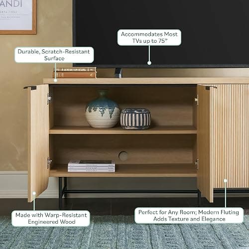 Walker Edison Reema Fluted 4-Door Kitchen Sideboard Buffet Console, 69 Inch, Coastal Oak thumbnail 4