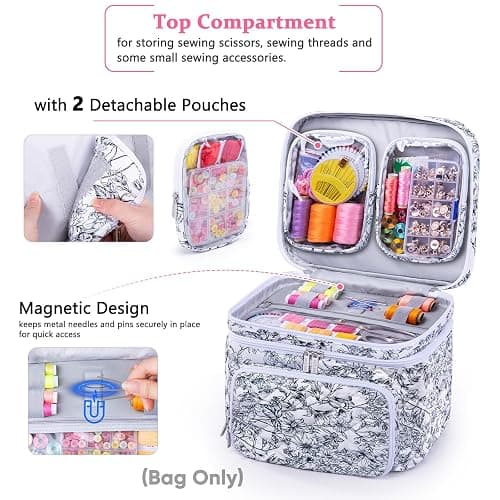 AMOIGEE Double-Layer Sewing Organizer Storage Bag with 2 Detachable Pouches, Large Quilted Sewing Basket for Supplies & Tools, Portable Travel Sewing Kit Case, Gift for Mom(BAG ONLY) thumbnail 4