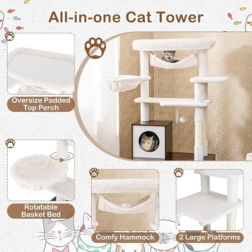Tangkula Cat Tree with Litter Box Enclosure, Industrial Hidden Litter Box with Cat Tower, Sisal Scratching Posts, Hammock, Hanging Toy and Basket Bed, Condo, Wooden Cat Washroom for Indoor Cats thumbnail 5