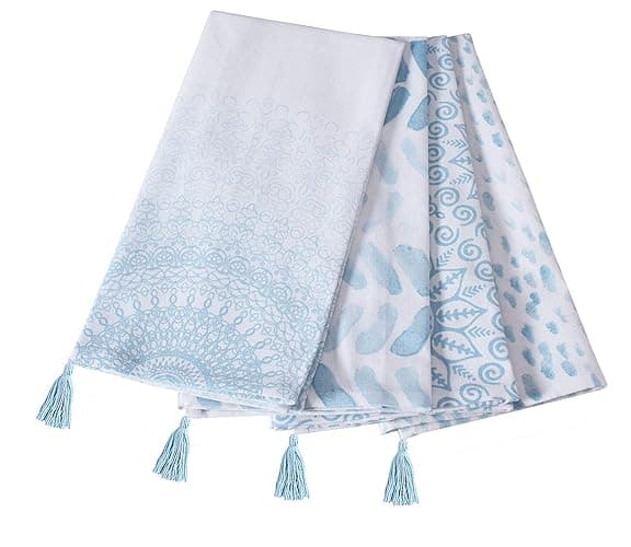 ACCENTHOME Cotton Kitchen Towels Set of 4 - Absorbent Dish Towels Set | Tea Towels | Bar Towels | Mandala Blue Print Kitchen Dish Towels - Multi Purpose Kitchen Linen, Drying Dish Hand Towels 20x28 - Mandela Blue