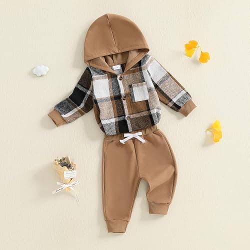 Douhoow Infant Baby Fall Clothes Boy Girl Plaid Hoodie Sweatshirt Romper Flannel Tops+ Sweatpants Festival Outfits thumbnail 3
