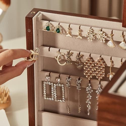 Homruilink Black Walnut Wooden Jewelry Box, Wood Jewelry Organizer with 2 Side Doors Mirror Lockable Classical for Watch Necklace Ring Earring Storage Christmas Gifts-4 Layer with Curved Ring Grooves thumbnail 8